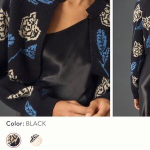 Maeve Black Floral Knit Shrug with Blue & Cream Rose Motif